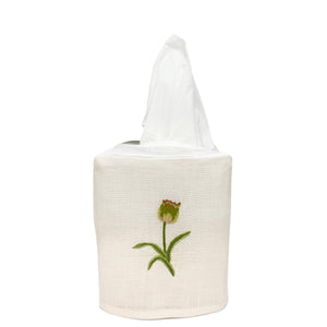 Hand Embroidered Linen Tissue Box Cover - Tulip White