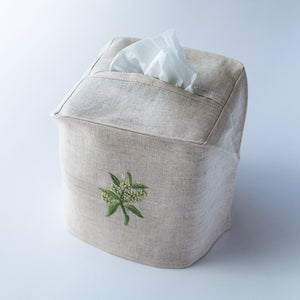 Hand Embroidered Linen Tissue Box Cover  Elderflower Natural