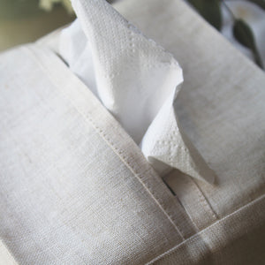 Hand Embroidered Linen Tissue Box Cover  Elderflower Natural