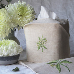 Hand Embroidered Linen Tissue Box Cover  Elderflower Natural