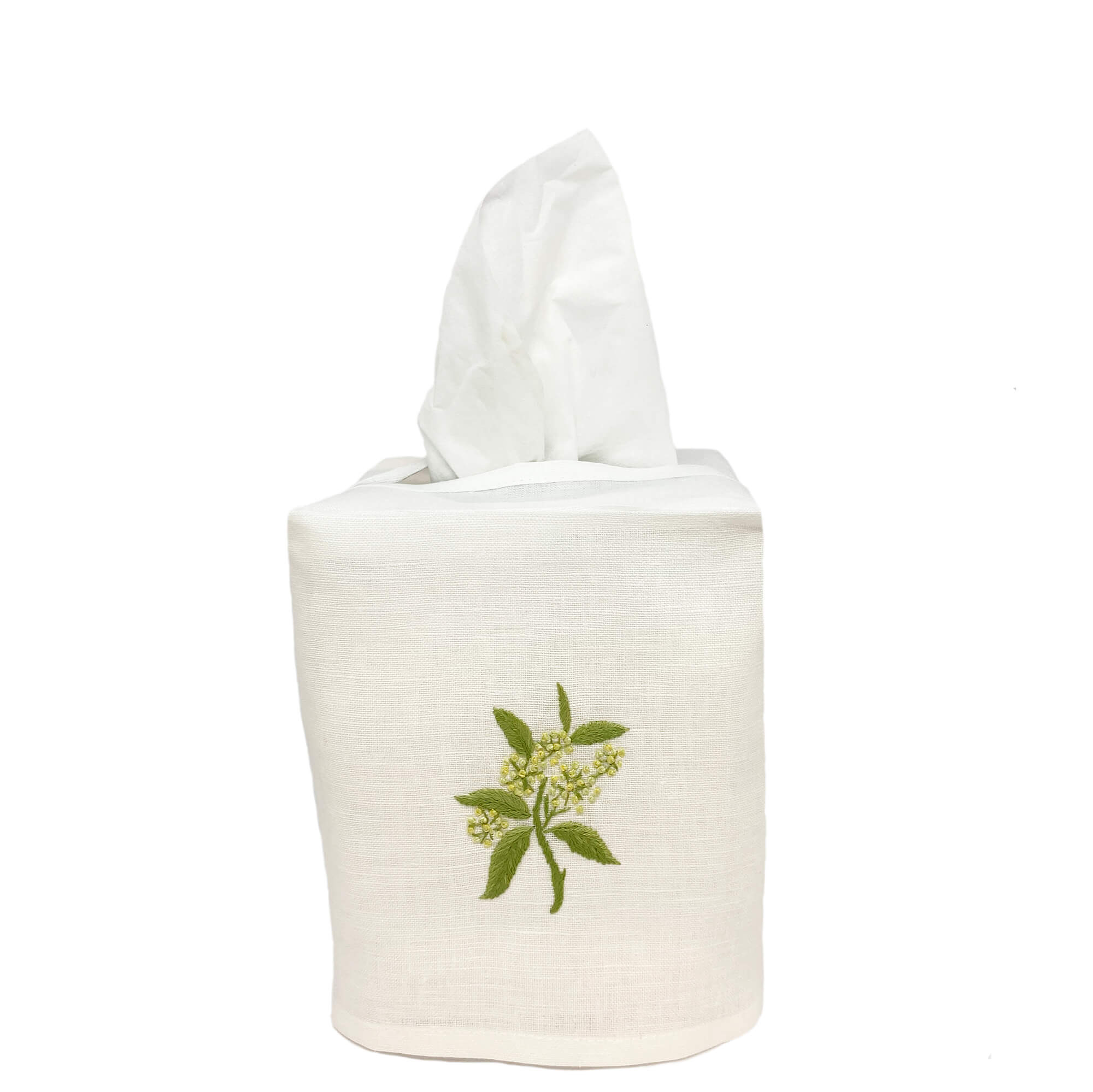Hand Embroidered Linen Tissue Box Cover Elderflower White