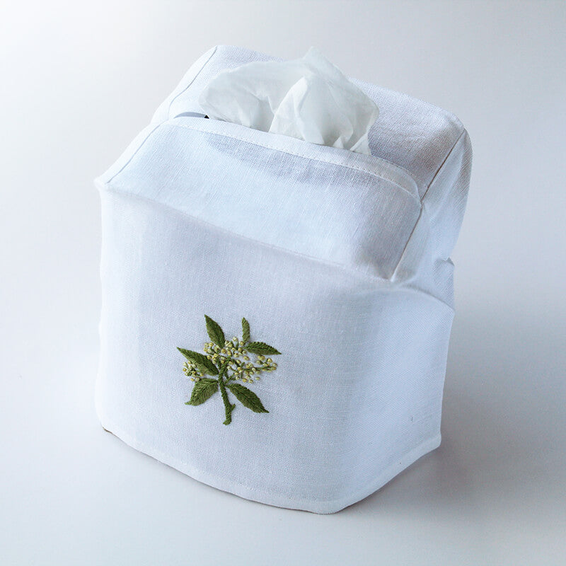 Hand Embroidered Linen Tissue Box Cover Elderflower White