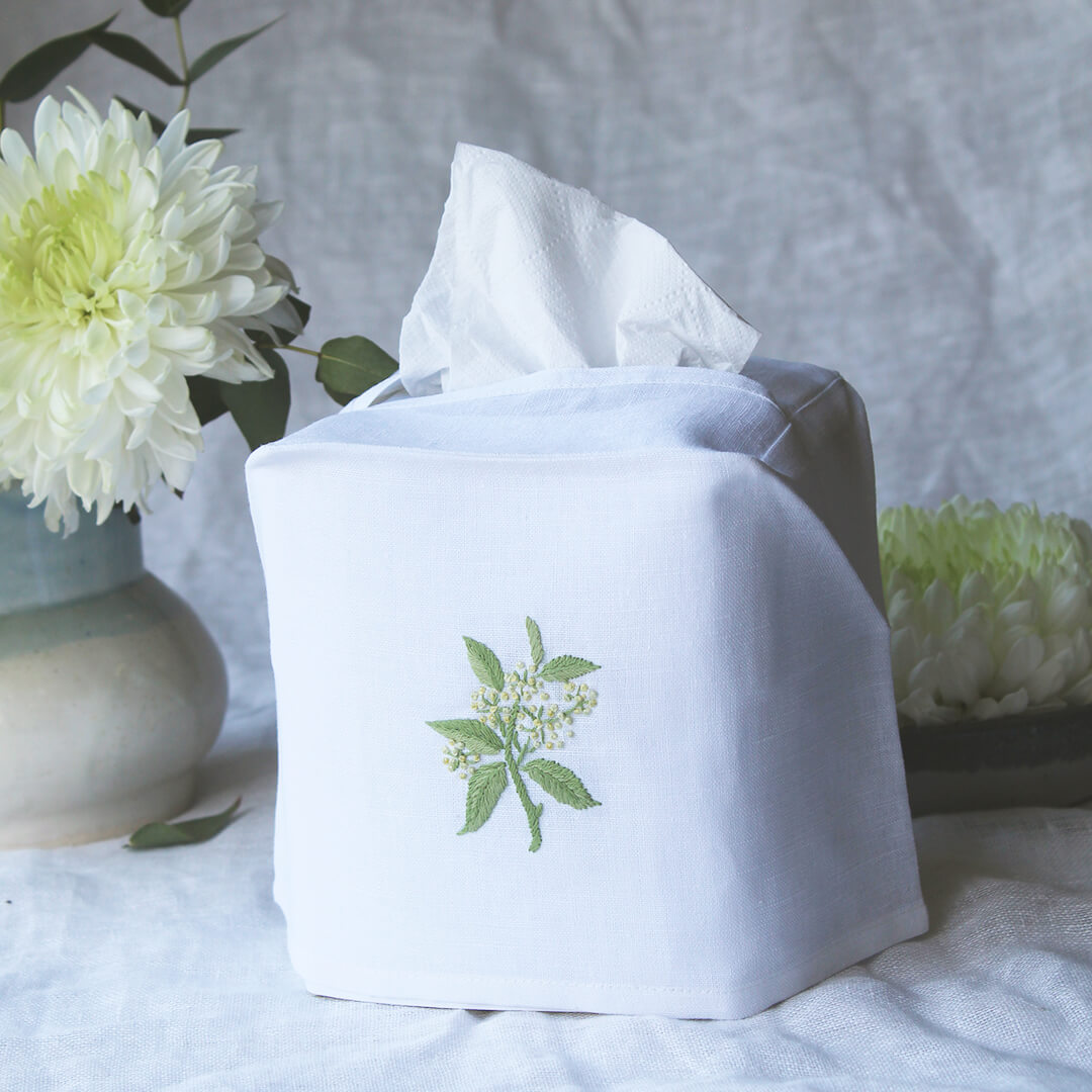 Hand Embroidered Linen Tissue Box Cover Elderflower White