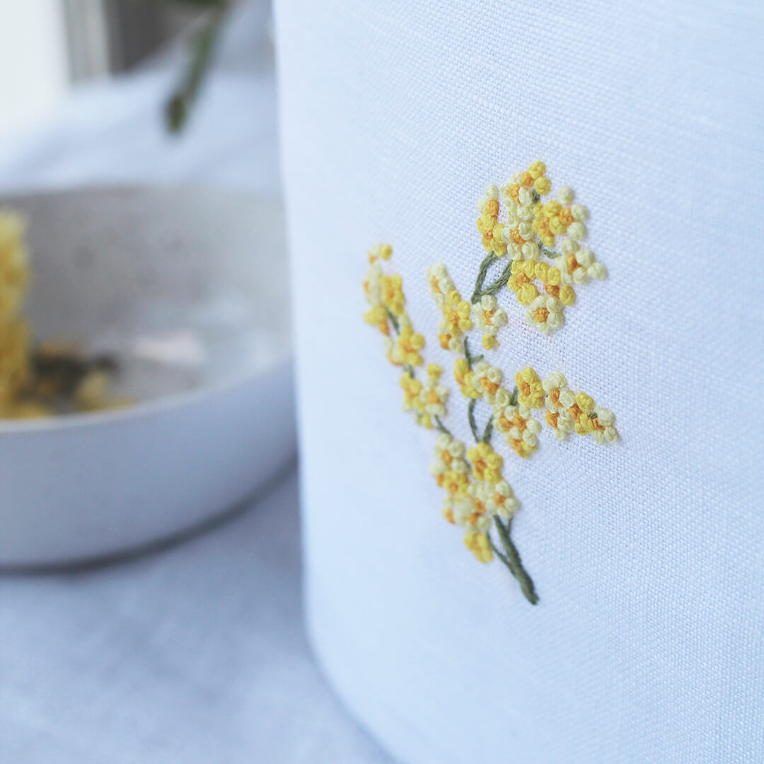 Hand Embroidered Linen Tissue Box Cover Mimosa Flower White