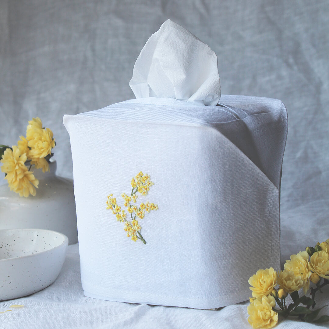 Hand Embroidered Linen Tissue Box Cover Mimosa Flower White