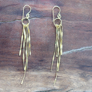 Handmade gold fringe earrings with cascading textured strands – artisan long drop statement jewelry gift for women