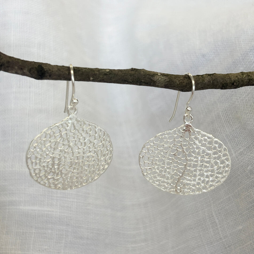Handmade sterling silver lace earrings with delicate openwork texture – artisan nature inspired silver drop jewelry gift for women