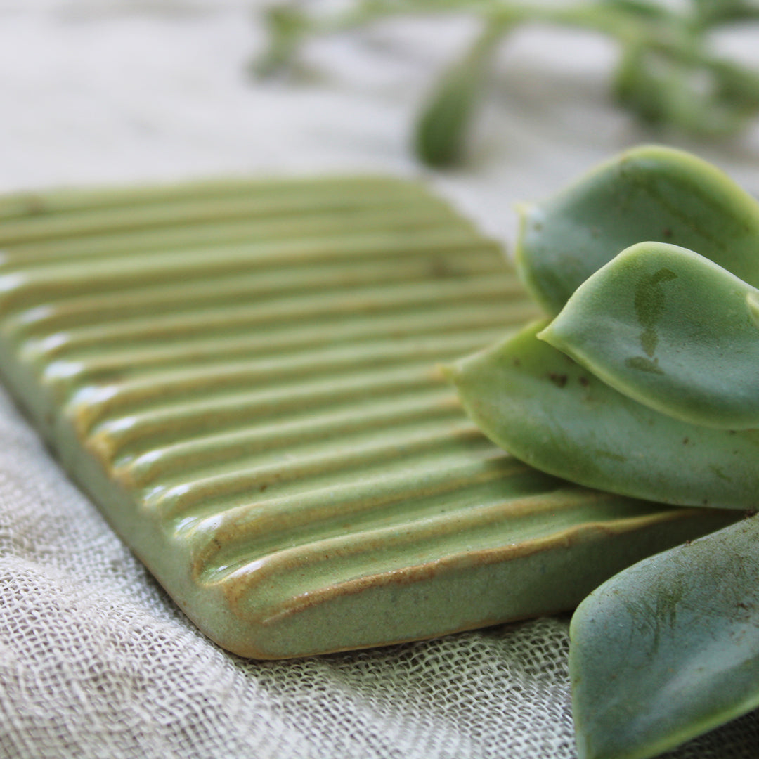 Ceramic Soap Dish Small Ridges Green