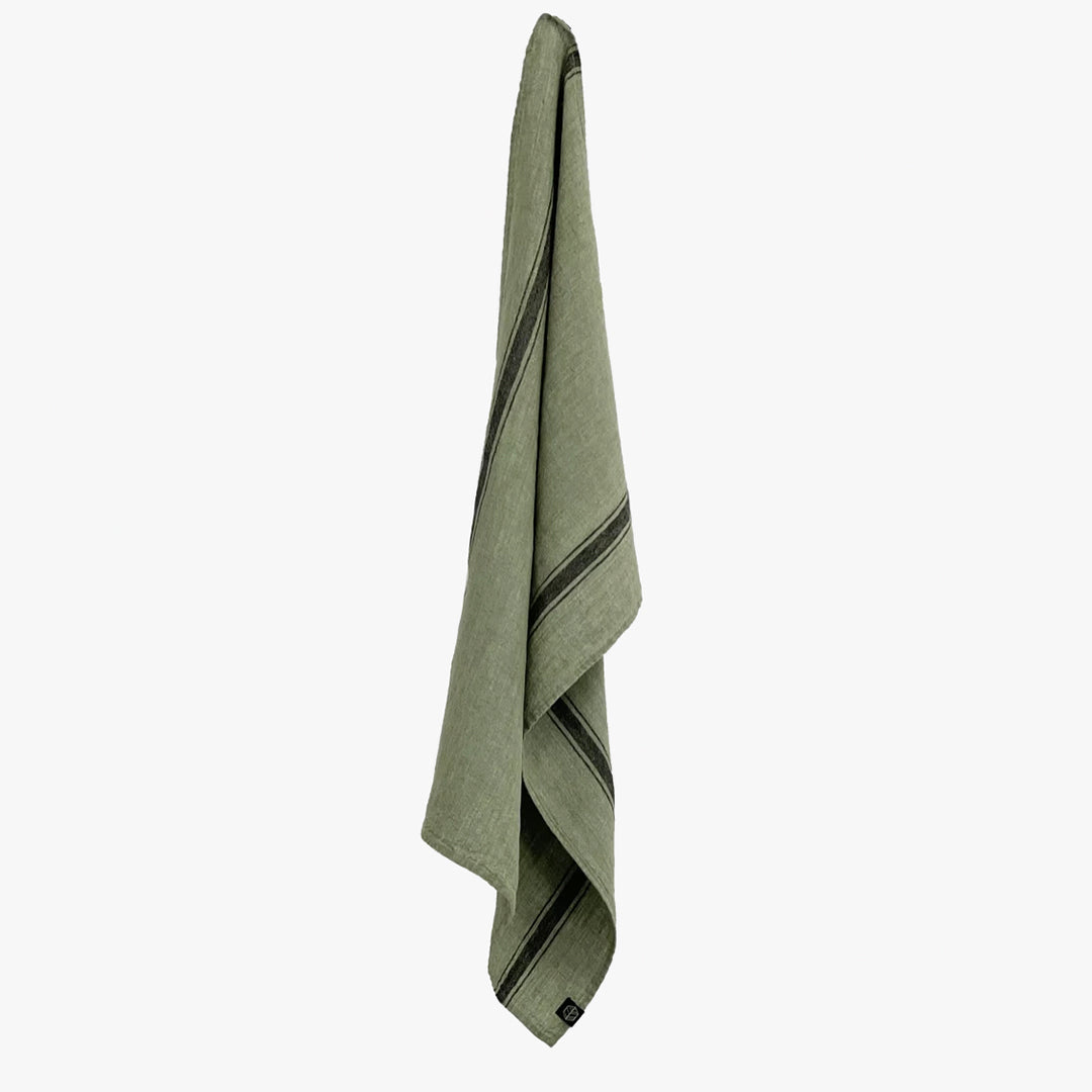 Linen Kitchen Towel Olive Green with Black Stripe