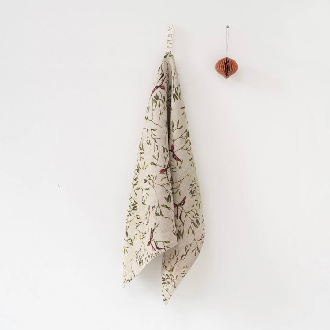 Linen Tales Mistletoe on Natural Linen Kitchen Towel