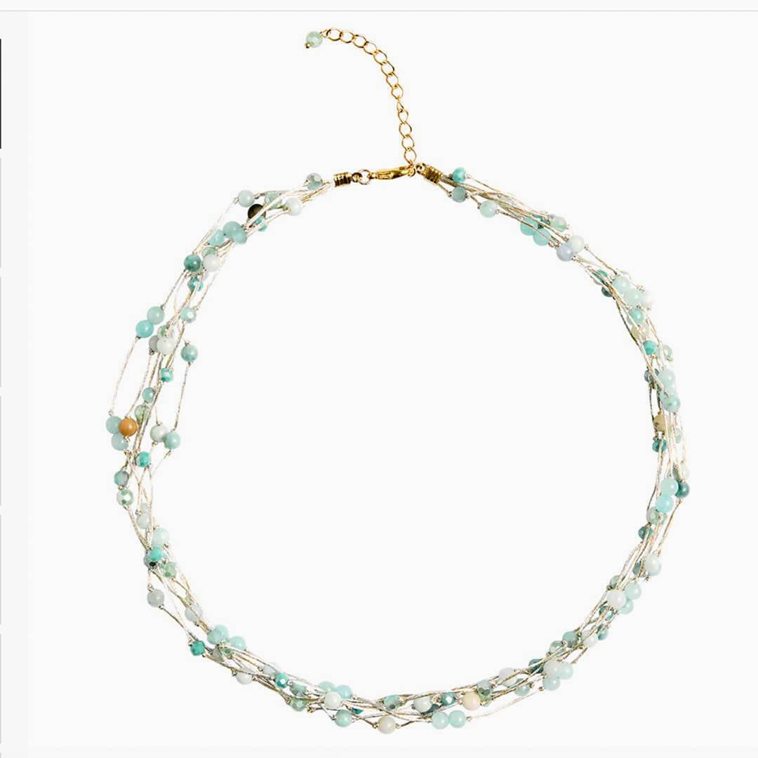 Marquet Fair Trade Multistrand Beaded Necklace With Silk Summer Blue