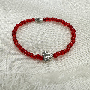 Red Glass Bracelet with Silver Heart | Handmade Jewelry