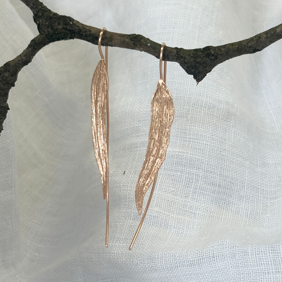 Handmade rose gold plated sterling silver leaf earrings with long textured botanical design – lightweight artisan jewelry gift for women