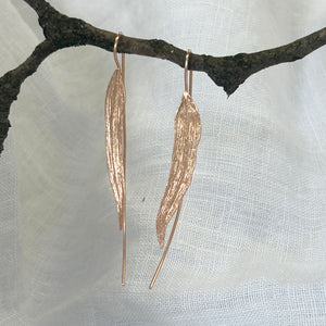 Handmade rose gold plated sterling silver leaf earrings with long textured botanical design – lightweight artisan jewelry gift for women