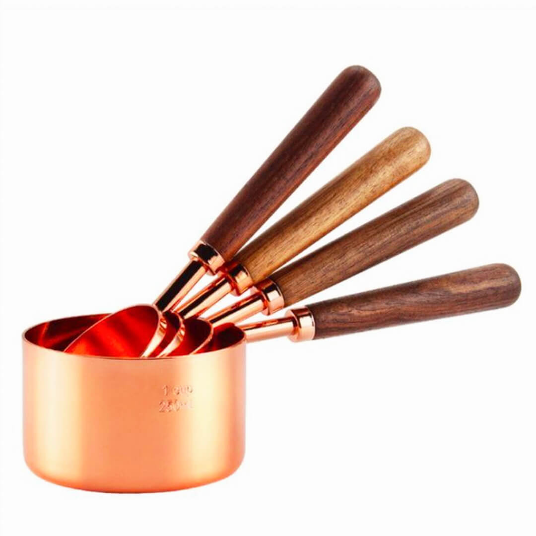 Rose Gold Stainless Steel Measuring Cups with Walnut Wood Handles