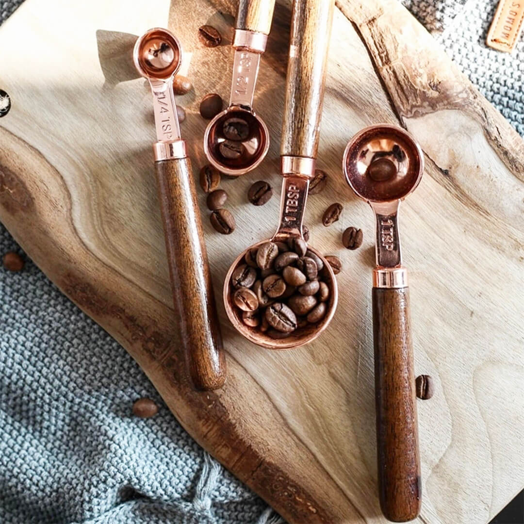 Rose Gold Stainless Steel Measuring Spoons with Walnut Wood Handles