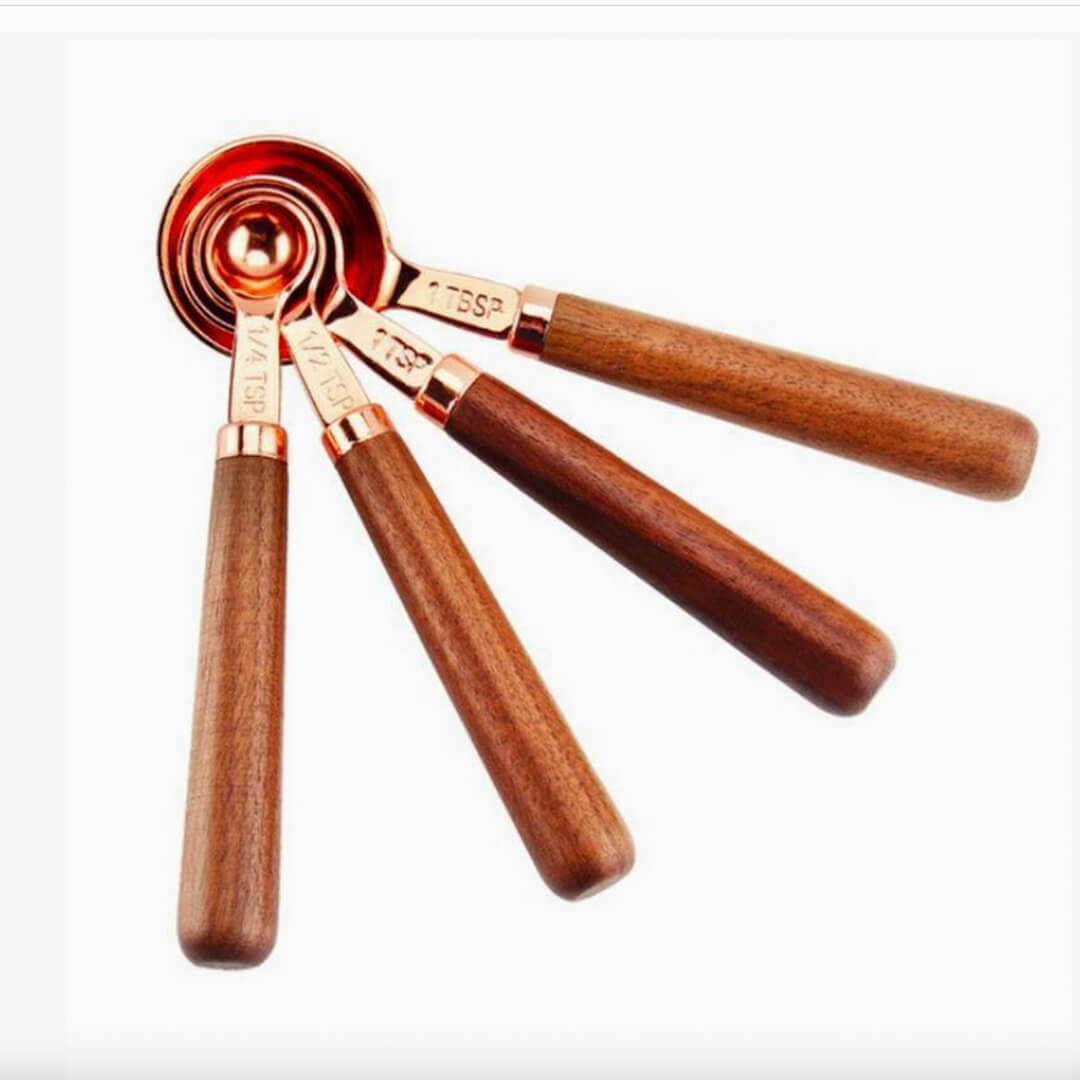 Rose Gold Stainless Steel Measuring Spoons with Walnut Wood Handles