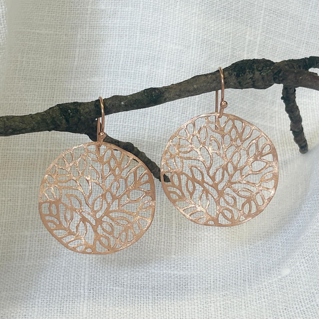 Handmade rose gold Tree of Life earrings with delicate leaf openwork design – nature inspired artisan jewelry gift for women