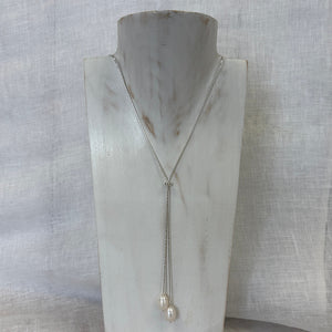 Silver Double Pearl Lariat Necklace | Handmade Freshwater Pearl Necklace