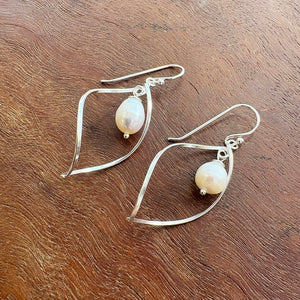 Handmade sterling silver freshwater pearl earrings with elegant organic silver design – artisan pearl drop jewelry gift for women