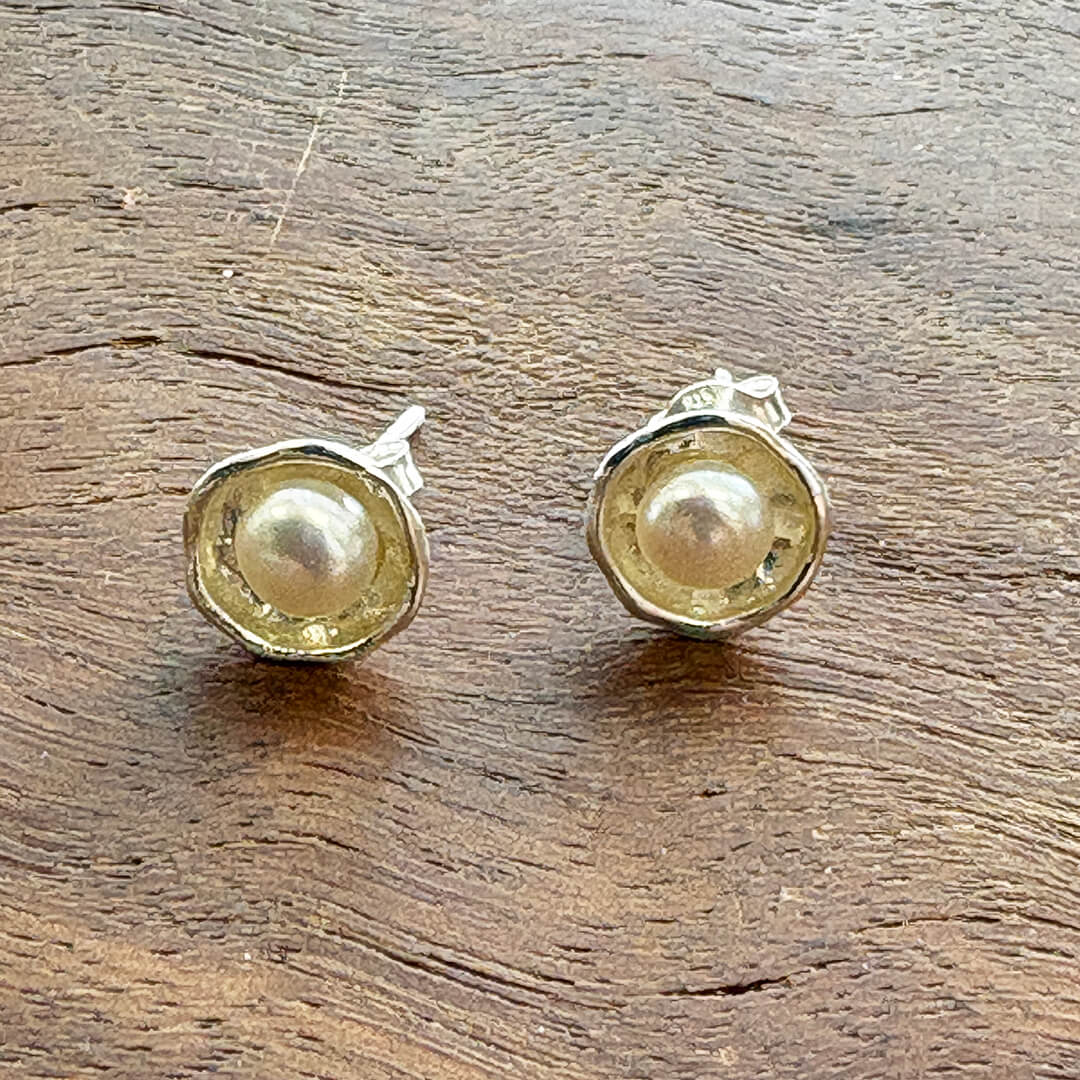 Handmade sterling silver freshwater pearl stud earrings with organic artisan silver setting – timeless pearl jewelry gift for women