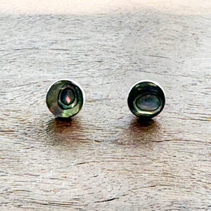 Handmade sterling silver Mother of Pearl stud earrings with organic artisan bezel setting – timeless shell jewelry gift for women