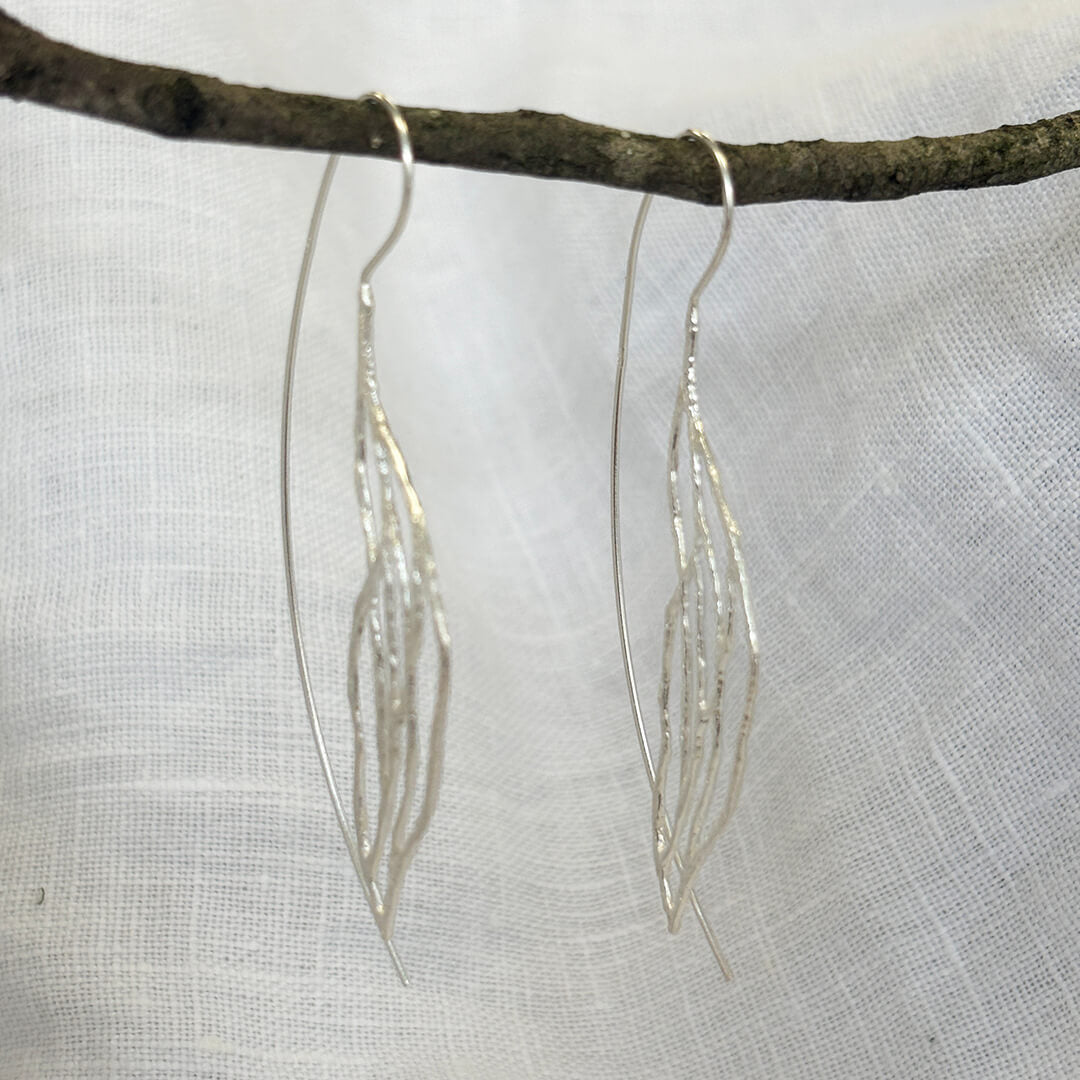 Handmade sterling silver willow leaf earrings with delicate openwork botanical design – lightweight artisan long drop jewelry gift for women