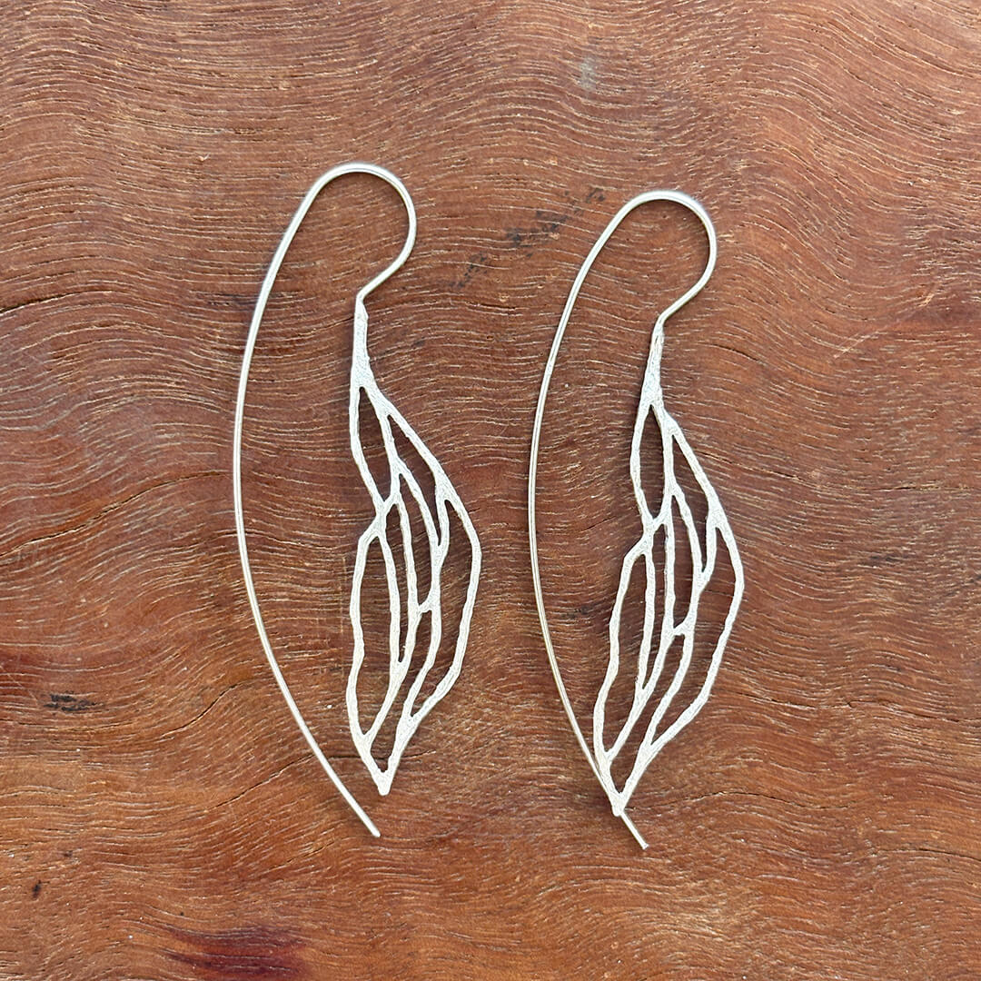 Handmade sterling silver willow leaf earrings with delicate openwork botanical design – lightweight artisan long drop jewelry gift for women