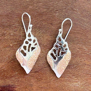 Handmade sterling silver and rose gold leaf earrings with botanical openwork detail – mixed metal artisan jewelry gift for women