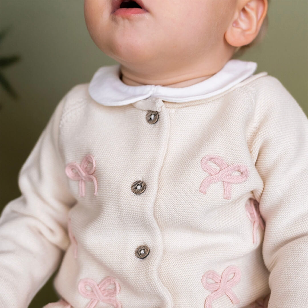 Baby with Viverano Natural Organic Cotton Baby Cardigan | Embroidered Bow