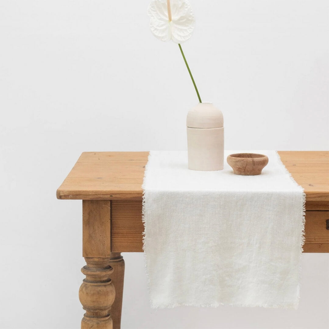 Linen Tales White Table Runner with Fringe