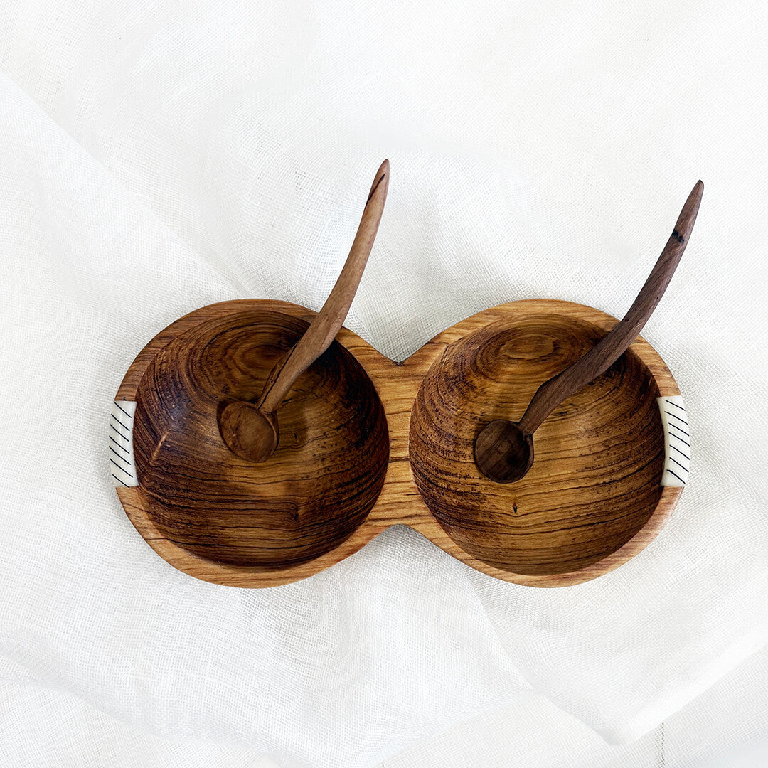 Wild Olive Wood Large Salt & Pepper Cellar with Spoons 7.5"