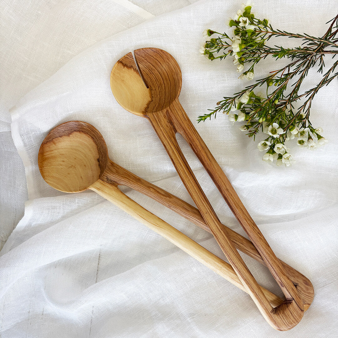 Luxury Pin Wild Olive Wood Salad Servers | Artisan Kitchen Gift