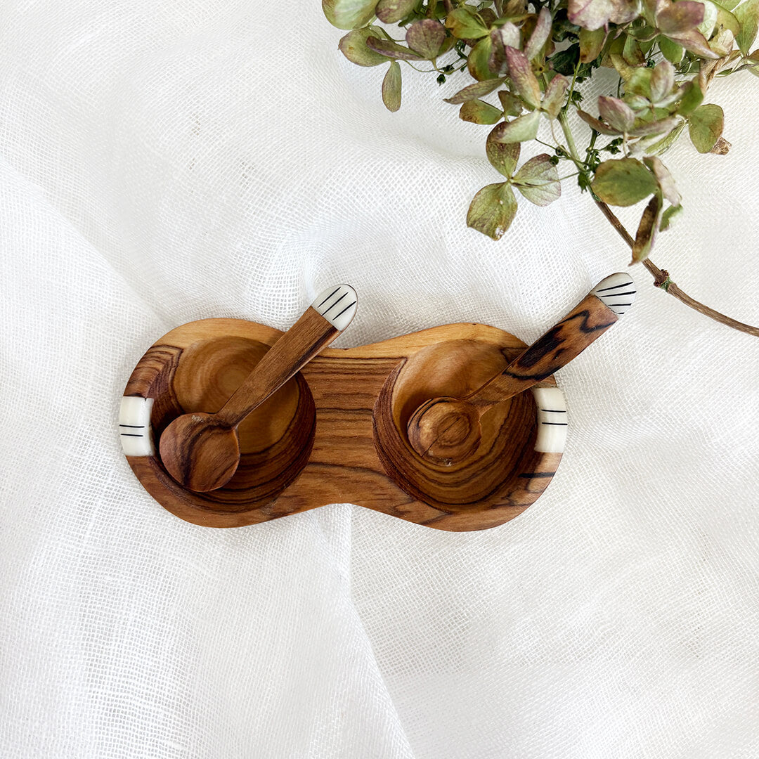 Wild Olive Wood Small Salt & Pepper Cellar with Spoons