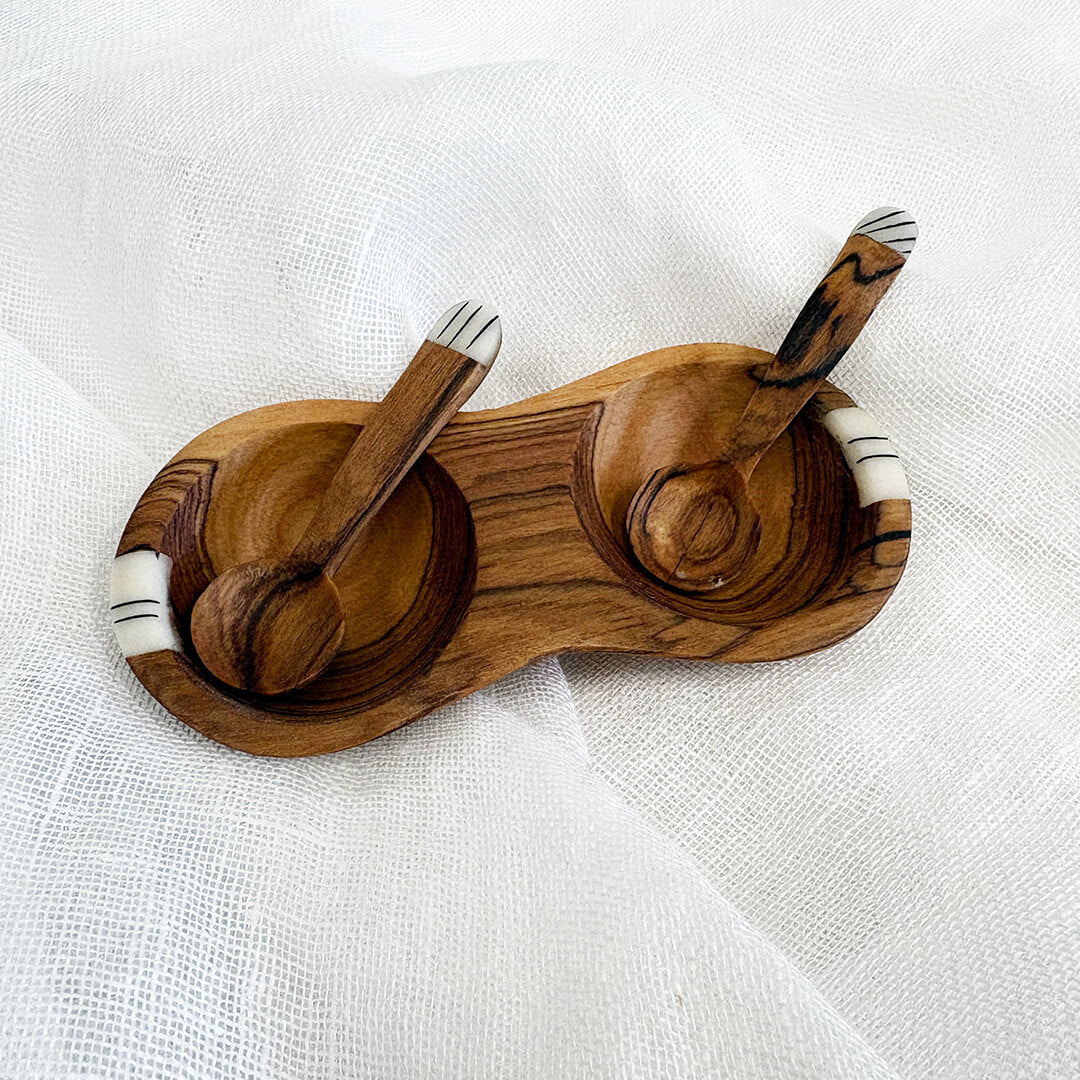 Wild Olive Wood Small Salt & Pepper Cellar with Spoons