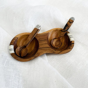 Wild Olive Wood Small Salt & Pepper Cellar with Spoons