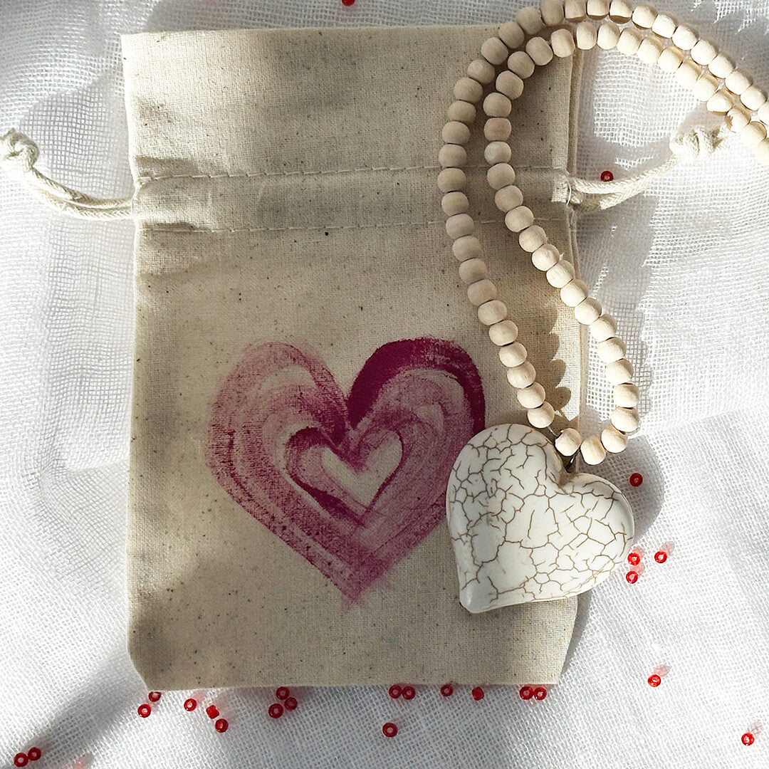 Wood Beaded Necklace with Howlite Heart