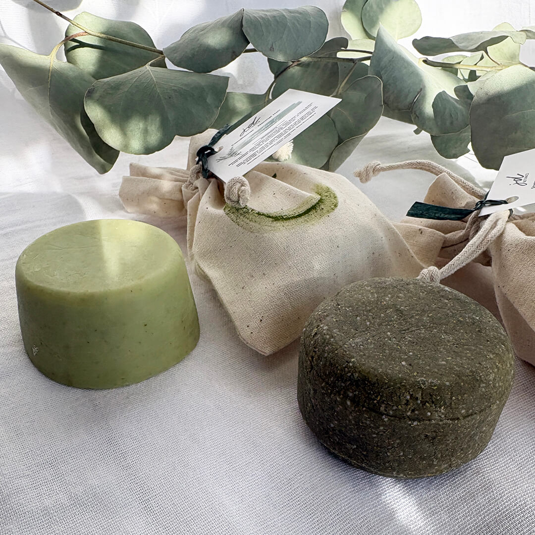 JDBotanics natural shampoo bar with green clay and herbal oils for balanced scalp care