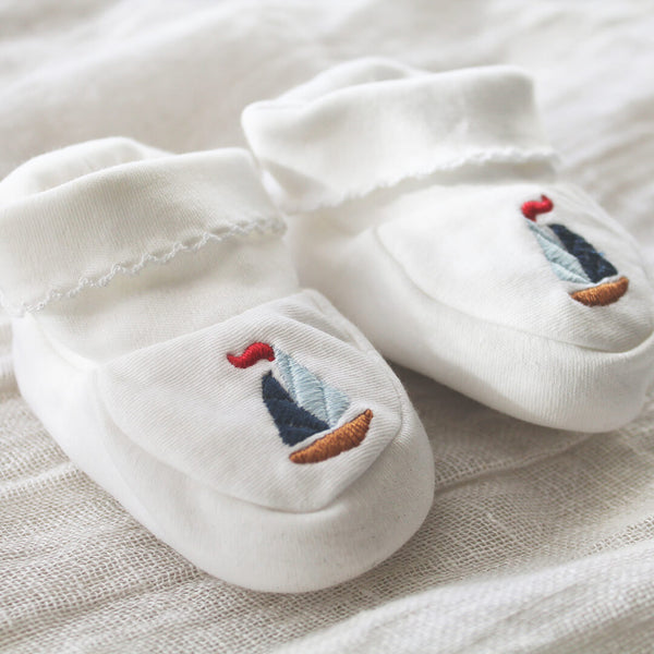 Pima Cotton Baby Booties with Sailboat