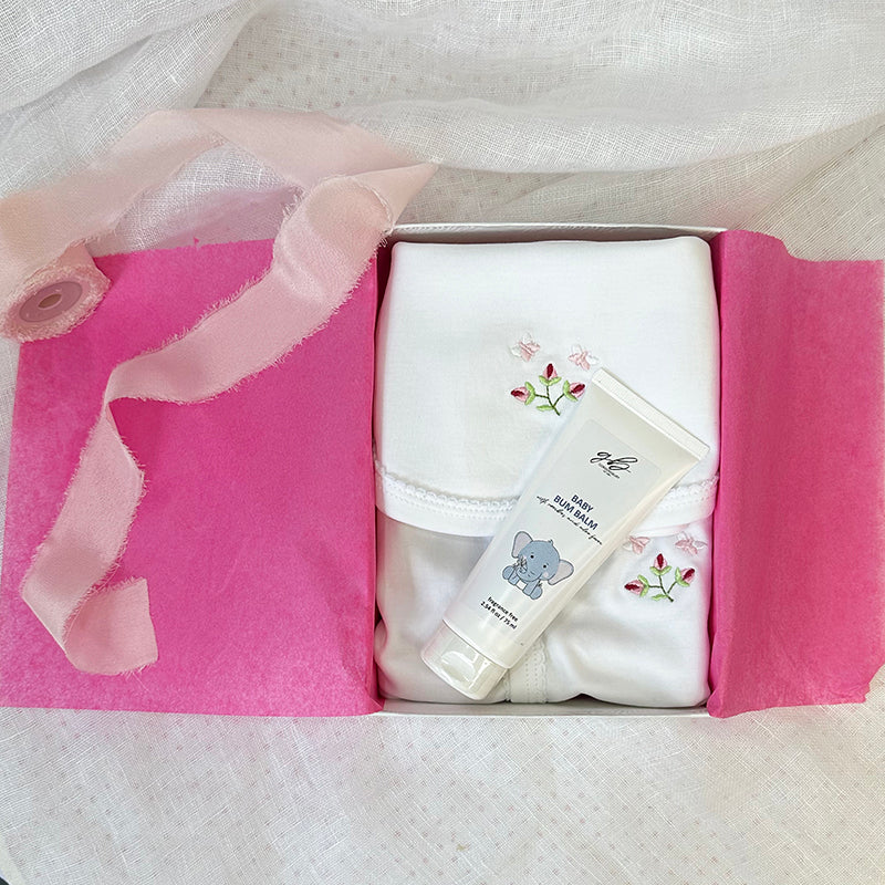 Newborn Baby Gift Set Rosebud Onesie, Bib, Diaper Cream