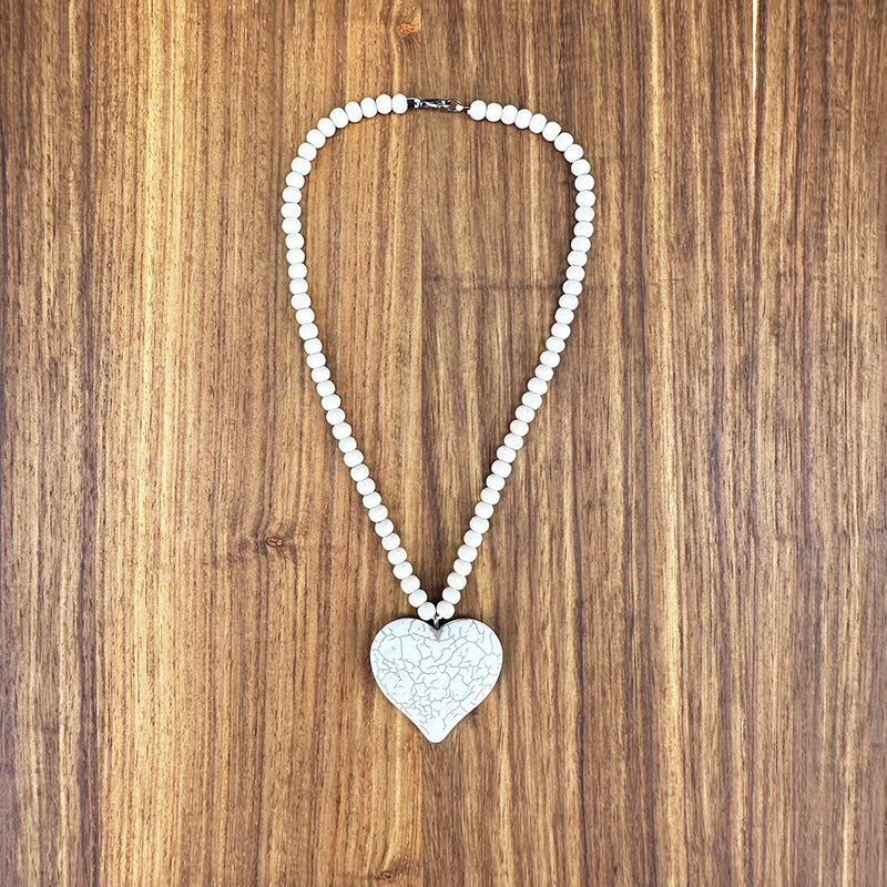 Wood Beaded Necklace with Howlite Heart