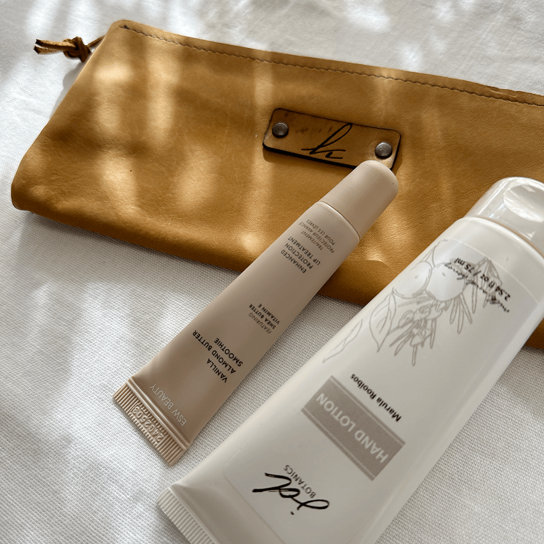 Kimberly House leather make-up bag with tinted lip balm & hand lotion gift set