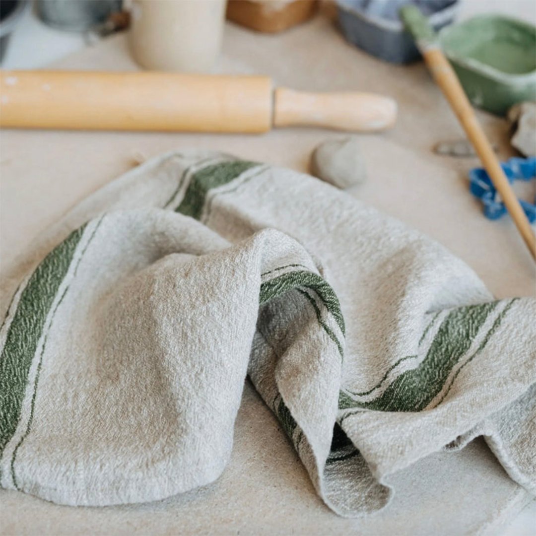 Linen Tales Green Stripe Vintage Kitchen Towel