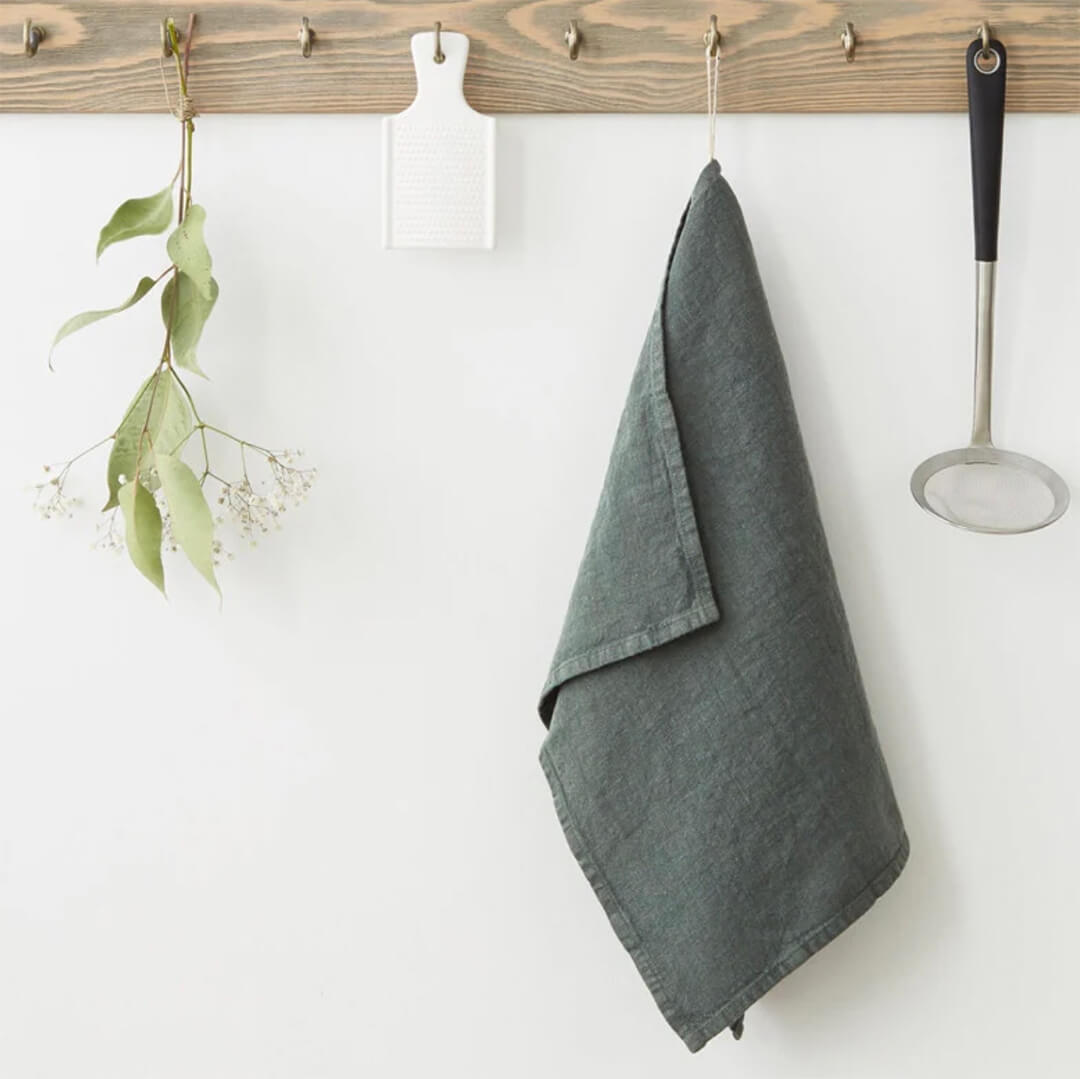 Linen Tales Forest Green Stone Washed Linen Kitchen Towel