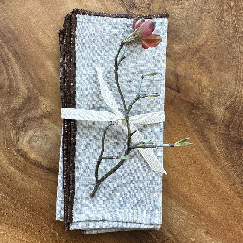 Stonewashed Linen Napkin Beige with Brown Trim