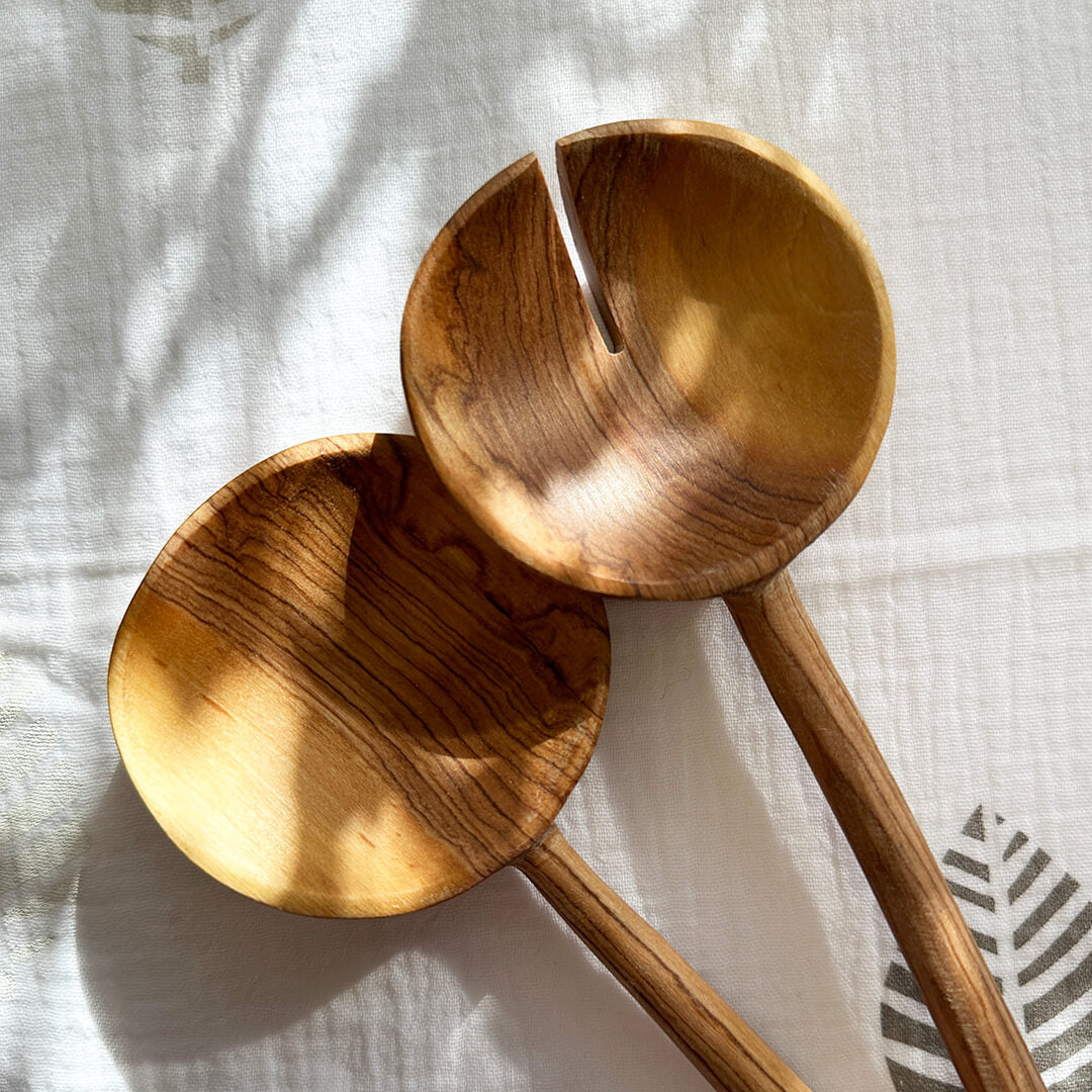 Wild Olive Wood Salad Servers With Bone Detail