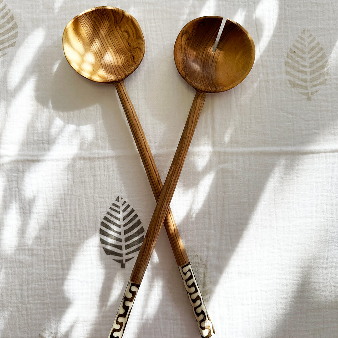 Wild Olive Wood Salad Servers With Bone Detail