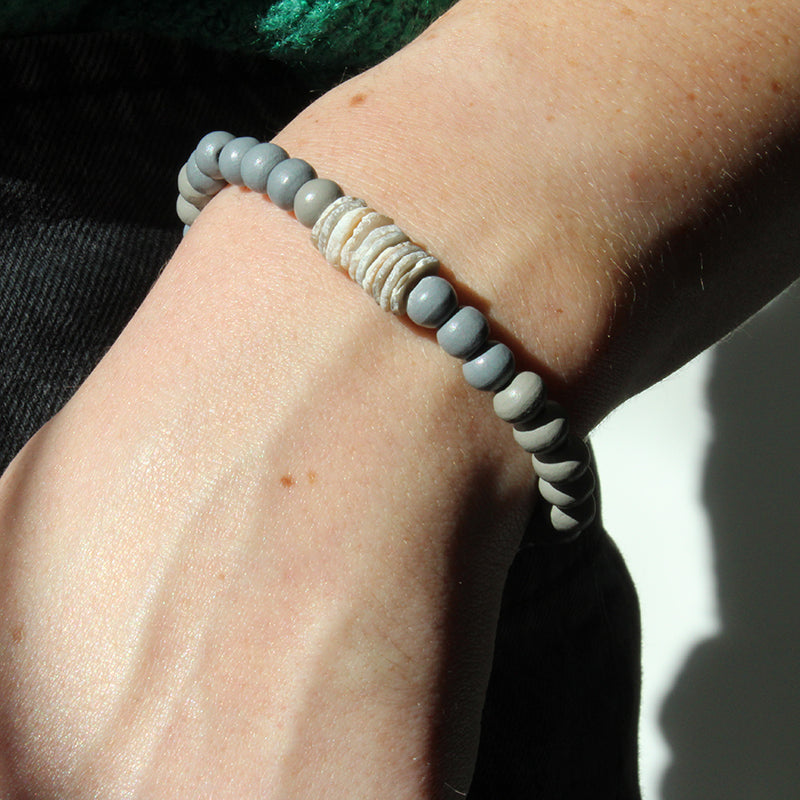 Wood Beaded Bracelet Grey with Ostrich Egg