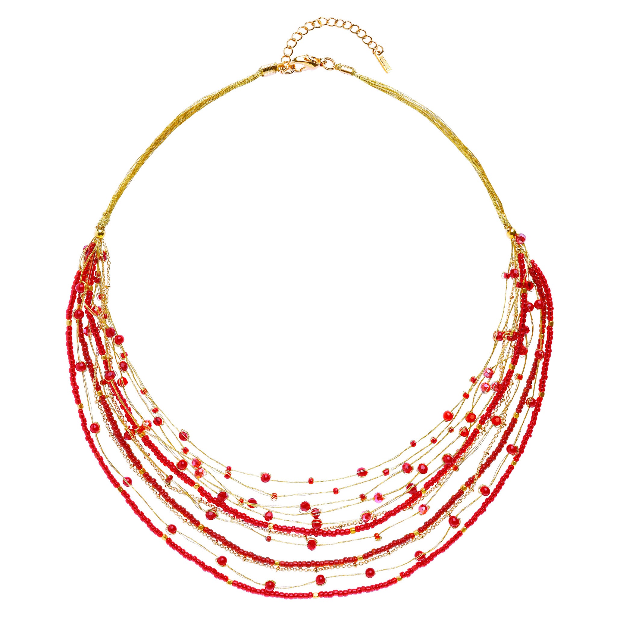 Crystal and Brass Beaded Necklace Red and Gold