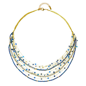 Crystal and Brass Beaded Necklace Shades of Blue